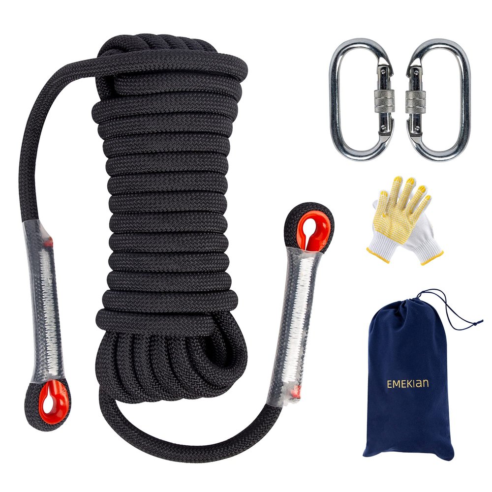 EMEKIAN 12 mm Black Indoor Outdoor Climbing Rope, 30 M (98 ft) Static Rock Climbing Rope for Escape Rope, Ice Climbing Equipment, Fire Safety Rescue Rope, with Non Slip Gloves