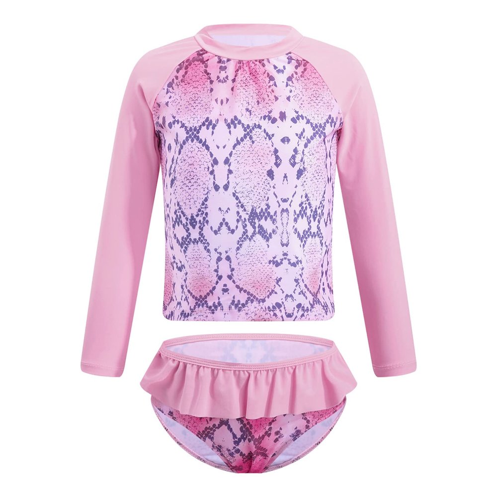 Moily Little Girls Rashguard Set Long Sleeve Mermaid Scale Tank Top with Ruffles Bottoms Bikini Sunsuit Beachwear Pink Serpentine 6 Years