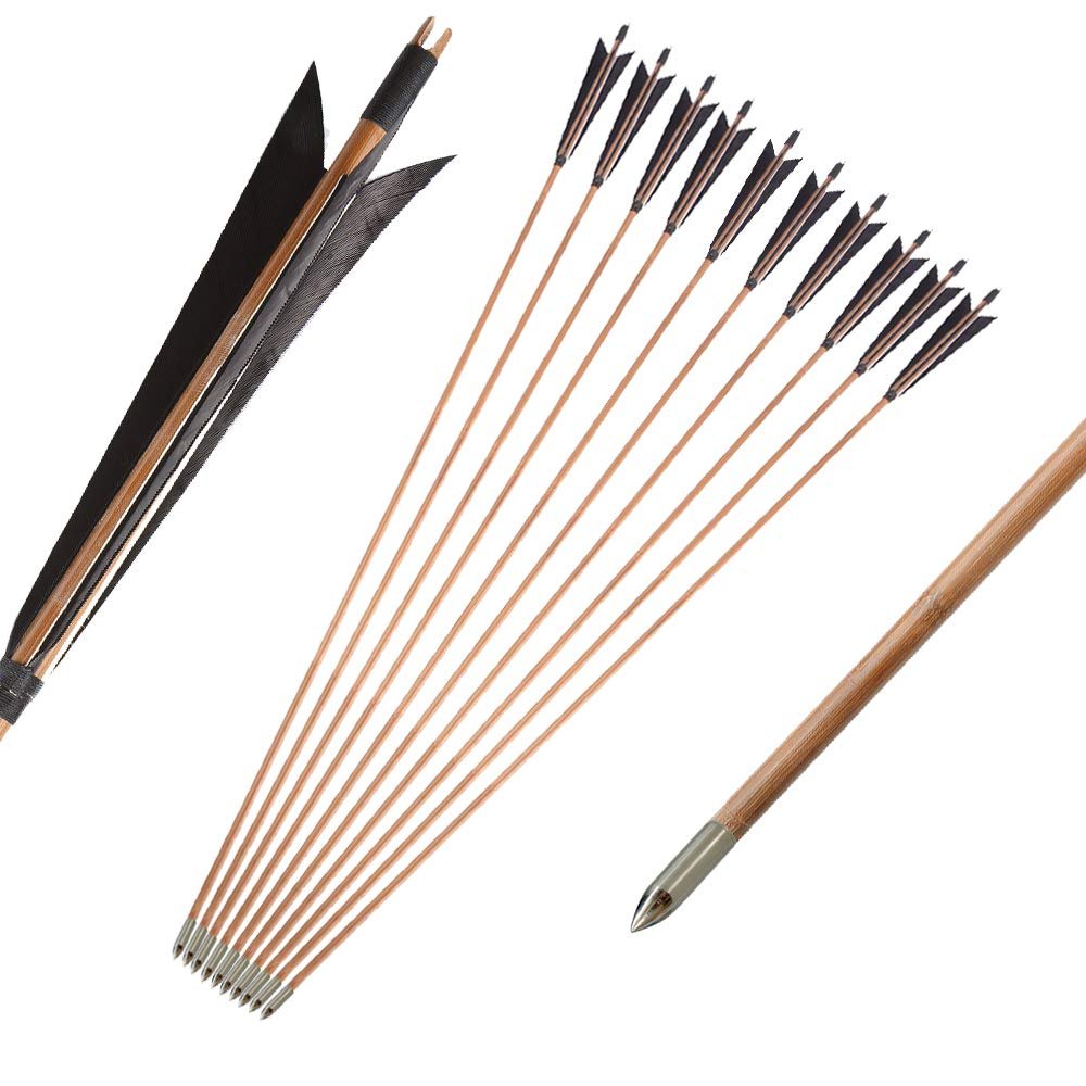 AMEYXGS 33 inch Archery Bamboo Arrows Traditional Hunting Practice Target Arrow with 5" Turkey Feathers Fletching for Recurve Bow Longbow 12 Pack (Black)