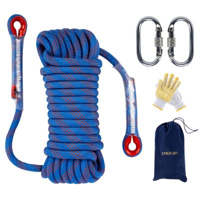 EMEKIAN Indoor Outdoor Climbing Rope, Static Rock Climbing Rope for Escape Rope, Ice Climbing Equipment, Fire Safety Rescue Rope, with Non Slip Gloves (Blue, 12mm/98ft)