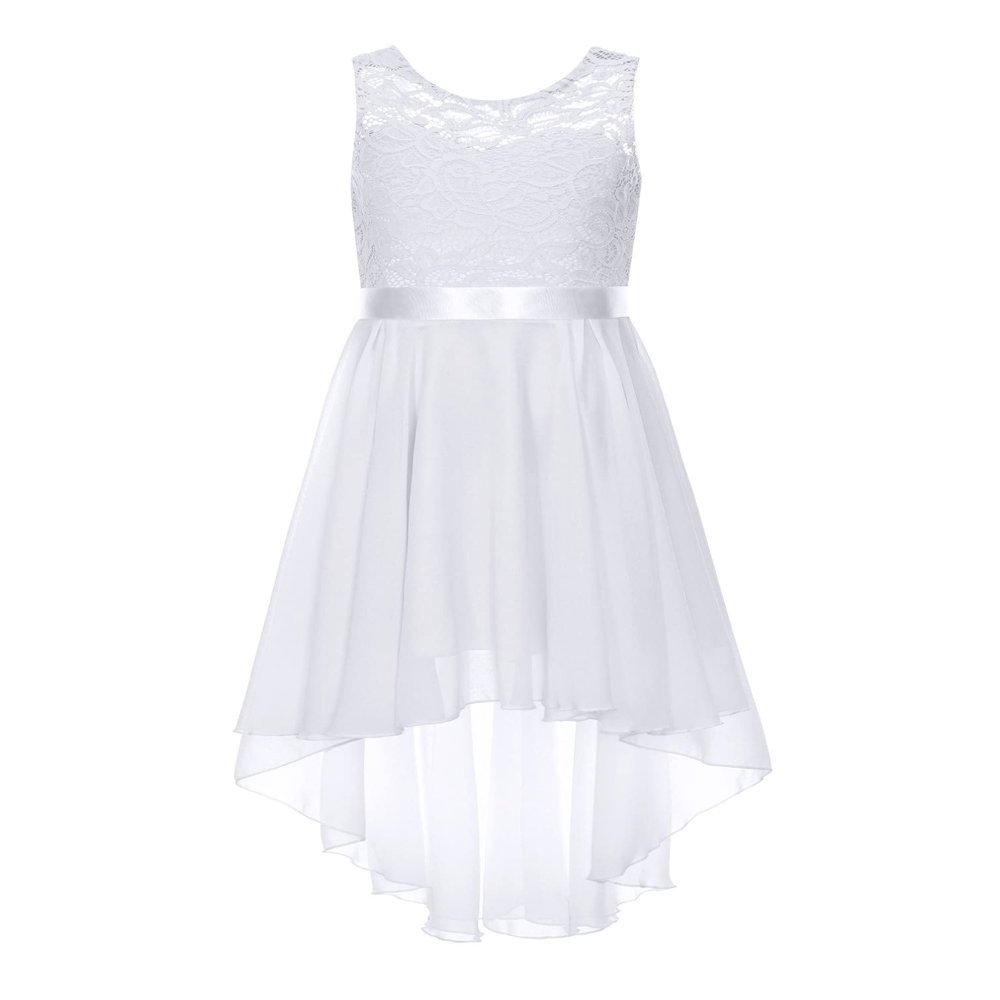 YiZYiF Kids Flower Girls Lace Floral Wedding Dress Chiffon Junior Bridesmaid Dress High Low Casual Summer Dresses 01 White 8