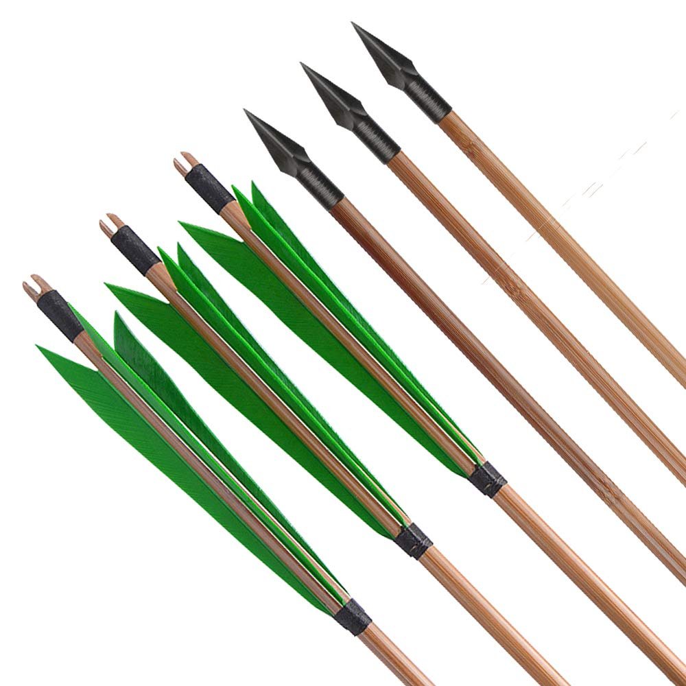 AMEYXGS 6/12x Archery Bamboo Arrows Traditional Hunting Arrows 5" Turkey Feathers for Target Practice Recurve Bow Longbow Outdoor Shooting (Green, 6pcs)