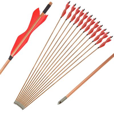 AMEYXGS 12 Pcs 33 inch Archery Bamboo Arrows Traditional Hunting Practice Target Arrow with 5" Turkey Feathers Fletching for Recurve Bow Longbow (Red)
