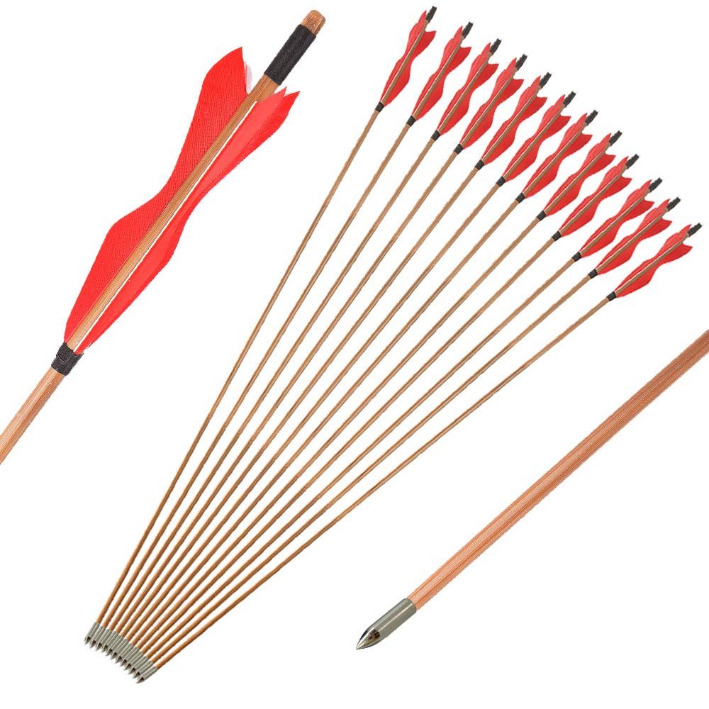 AMEYXGS 12 Pcs 33 inch Archery Bamboo Arrows Traditional Hunting Practice Target Arrow with 5" Turkey Feathers Fletching for Recurve Bow Longbow (Red)