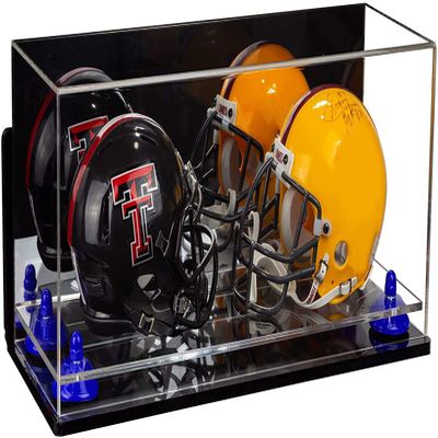 Better Display Cases Acrylic 2 Mini Football Helmet (not Full Size) Display Case with Mirror Case, Navy Blue Risers and Black Base (V46/A019)