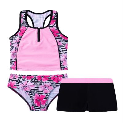 Yartina Kids Girls 3Pcs Swimsuit Floral Printed Tank Tops Cami with Bottoms Shorts Set Swimwear Bathing Suit Pink 14