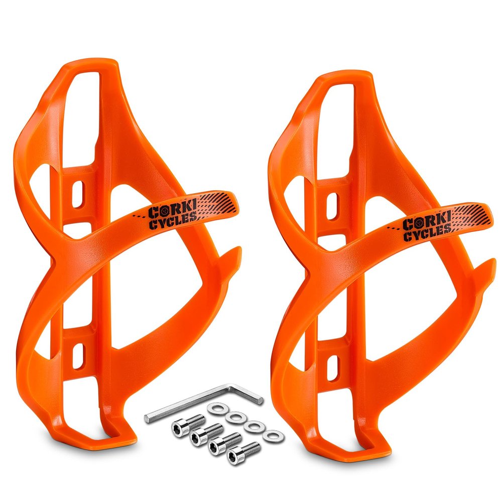 corki Cycles Bike Water Bottle Holder Right Side Load Water Bottle Cage for Road, MTB, Gravel Bicycle Vibrant Orange 2 Pack