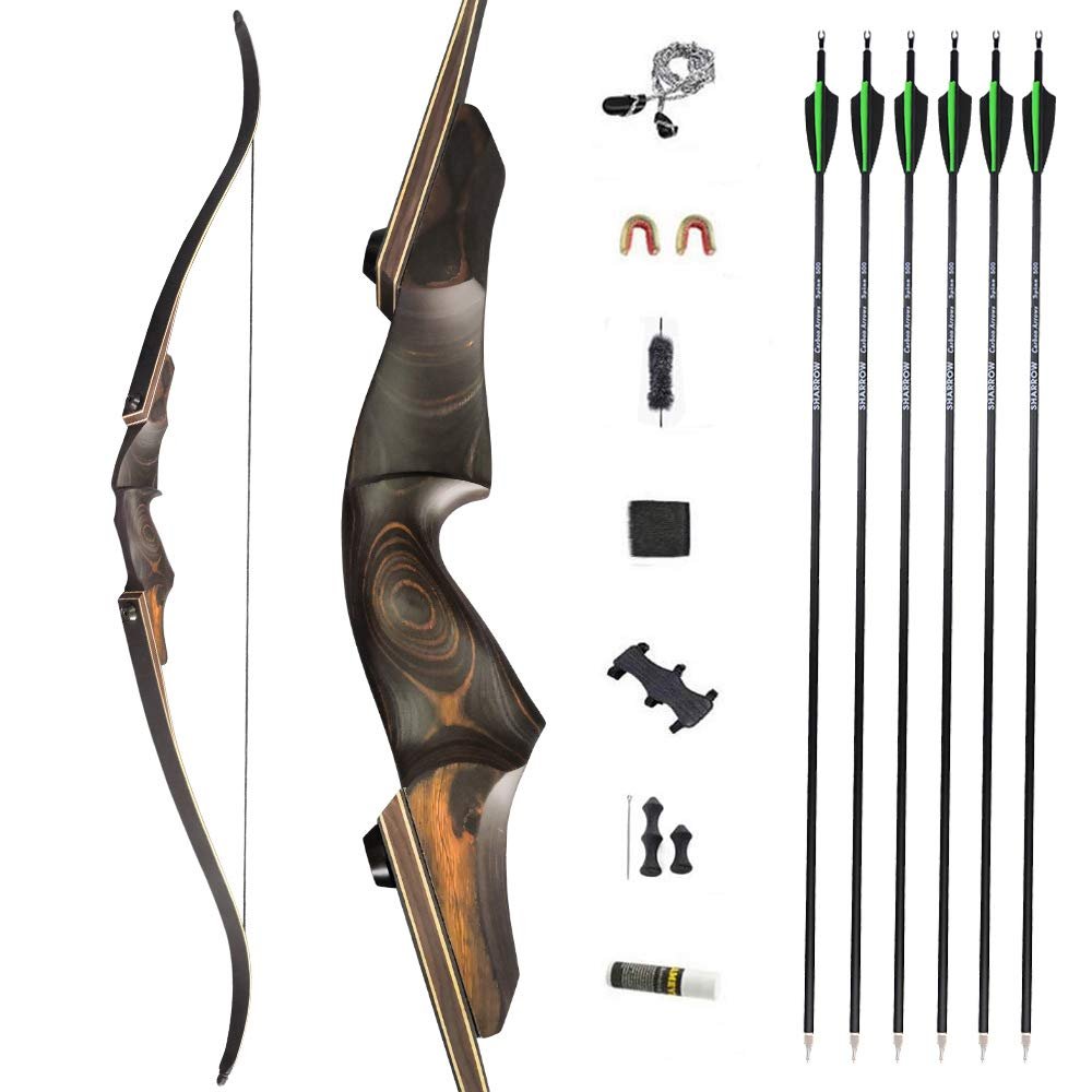 60" Black Hunter Takedown Recurve Bow 20-60 Lbs Traditional Wood Right Handed Bow American Hunting Longbow for Hunting Target Practice (Black Brown Set, 55 Lbs)