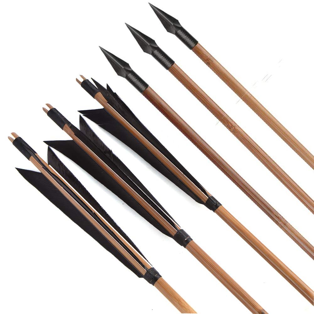AMEYXGS 6/12x Archery Bamboo Arrows Traditional Hunting Arrows 5" Turkey Feathers for Target Practice Recurve Bow Longbow Outdoor Shooting (Black, 12pcs)