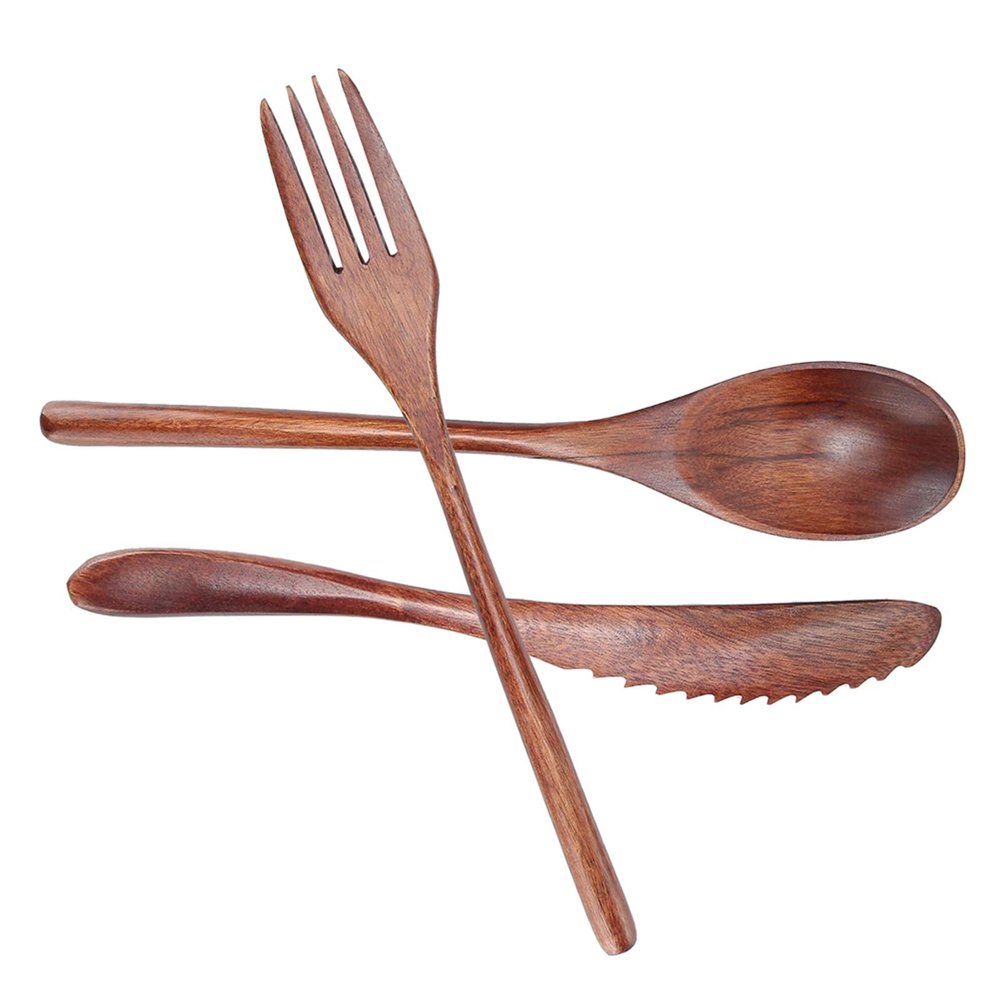3 Pcs Wooden Flatware Set, 8.9" Spoon Fork Knife Tableware Cutlery Set, Travel Utensils Reusable Flatware for Camping,Picnic,Office or Home