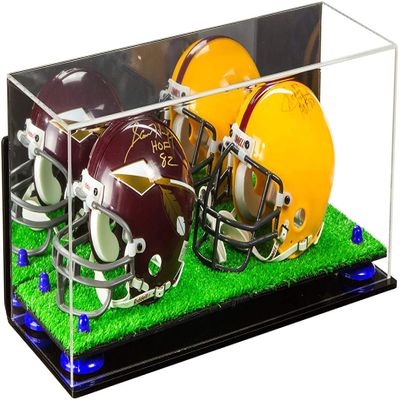 Better Display Cases Acrylic 2 Mini Football Helmet (not Full Size) Display Case with Mirror Case, Navy Blue Risers, Wall Mount and Turf Base (V46/A019)