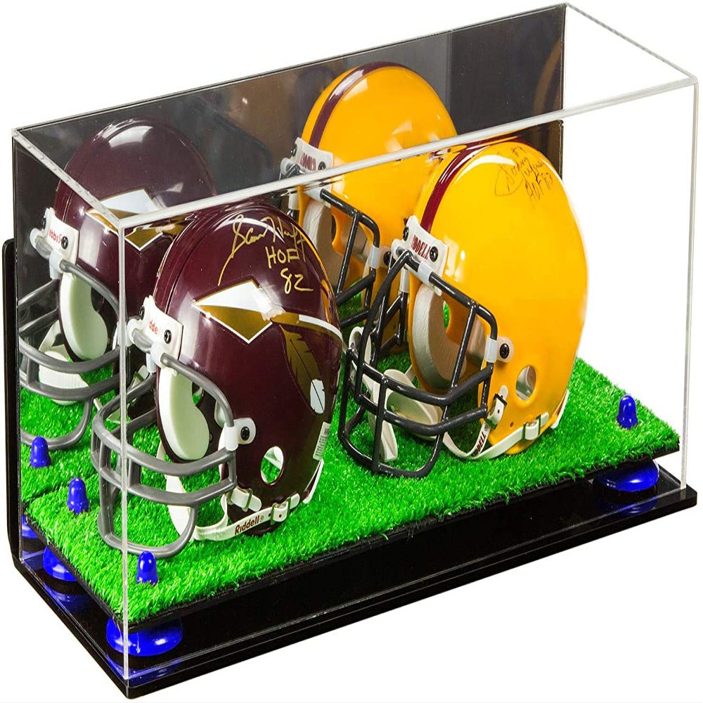 Better Display Cases Acrylic 2 Mini Football Helmet (not Full Size) Display Case with Mirror Case, Navy Blue Risers, Wall Mount and Turf Base (V46/A019)