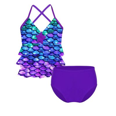 Hansber Kids Girls Swimwear Tankini 2 Piece Mermaid Print Spaghetti Straps Tops with Bottoms Bathing Suit Multi 14
