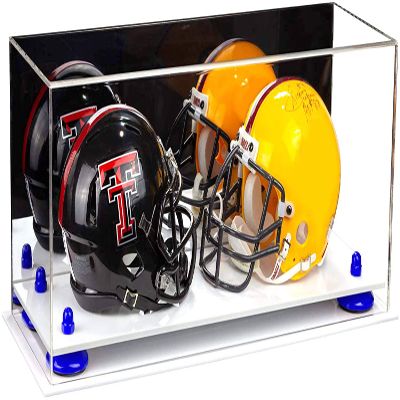 Better Display Cases Acrylic 2 Mini Football Helmet (not Full Size) Display Case with Mirror Case, Navy Blue Risers and White Base (V46/A019)