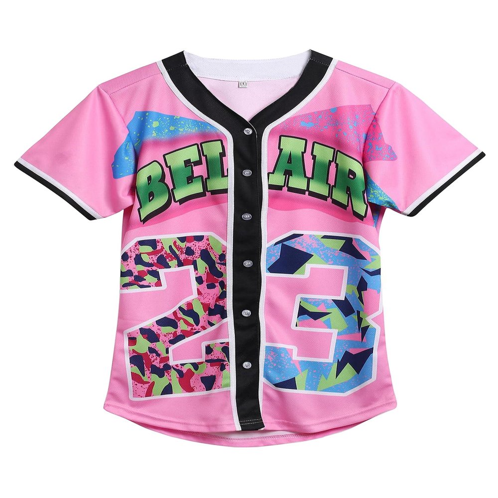 Amzdest 90s Clothing for Women, Unisex Hip Hop Party, Bel Air 23 Baseball Jersey Short Sleeve Button Down Shirt (23Pink, 3X-Large)