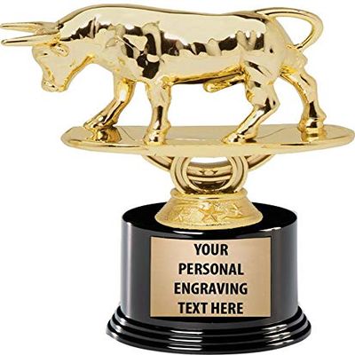 Raging Bull Trophy with Engraving, 5.75" Gold Raging Bull Trophy Award On Deluxe Round Base