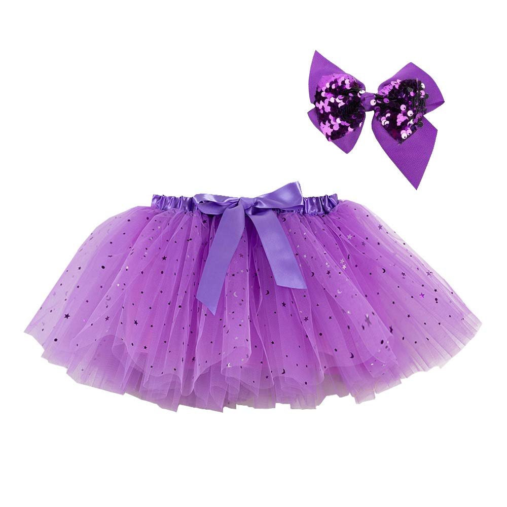 Girls Layered Tulle Tutu Skirt with Bowknot for Dancing Ballet Party Dress Up (Purple, L)