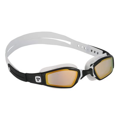 Phelps Ninja Competitive Swim Goggles - Gold Titanium Mirror Lens, White & Black Frame - Race Fit Strap System, Curved Lens Technology, Anti-Fog, UV Protection - The Every Time, Adjustable