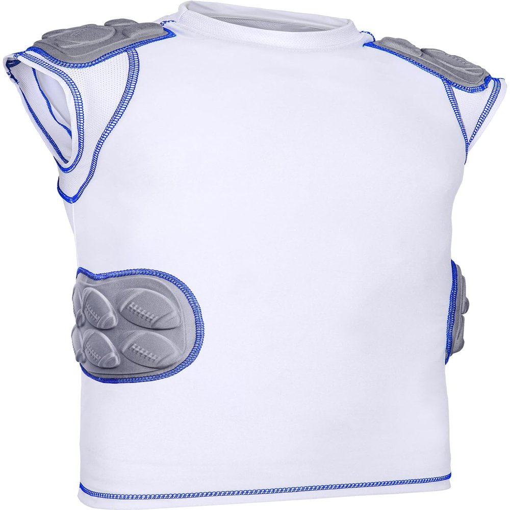 Exxact Sports Defender Youth Padded Football Shirt - Football Rib Protector with Shoulder & Spine Pads, 5-Pad Football Compression Shirt (White, Youth Medium)