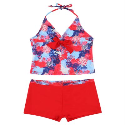 Yartina Kids Girls Two Piece Tankini Swimsuit Floral Print Halter Tank Tops with Boyshorts Swimwear Red Butterfly 9-10