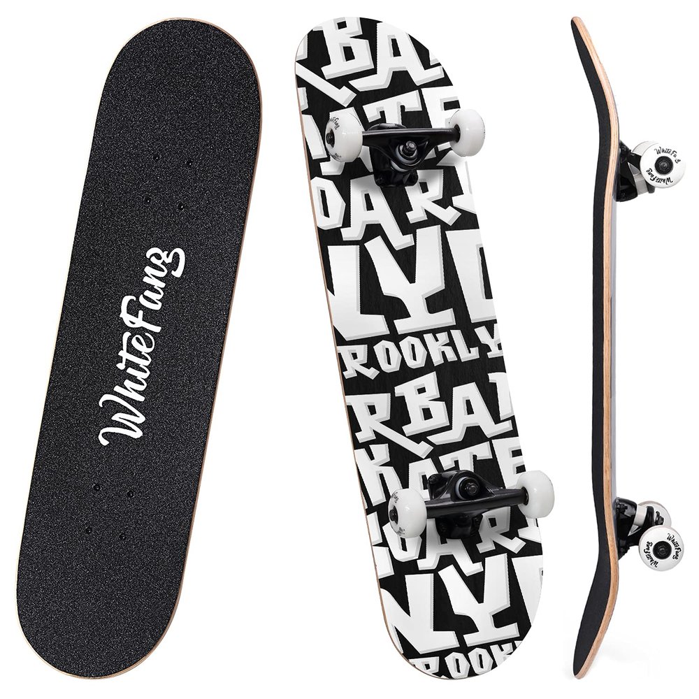WhiteFang Skateboards for Beginners, Complete Skateboard 31 x 7.88, 7 Layer Canadian Maple Double Kick Concave Standard and Tricks Skateboards for Kids and Beginners (Letters)
