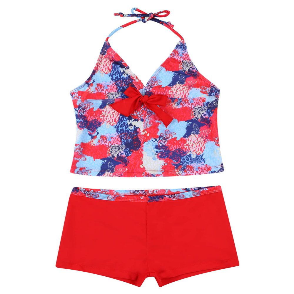 Yartina Kids Girls Two Piece Tankini Swimsuit Floral Print Halter Tank Tops with Boyshorts Swimwear Red Butterfly 11-12