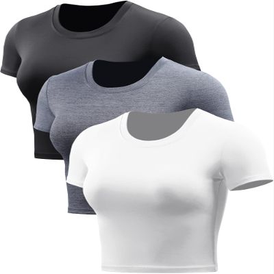 CADMUS Women's Dry Fit Crop Top Yoga Short Sleeve Shirts Crew Neck Athletic Running Tee 3 Pieces, Black, Grey, White, Medium