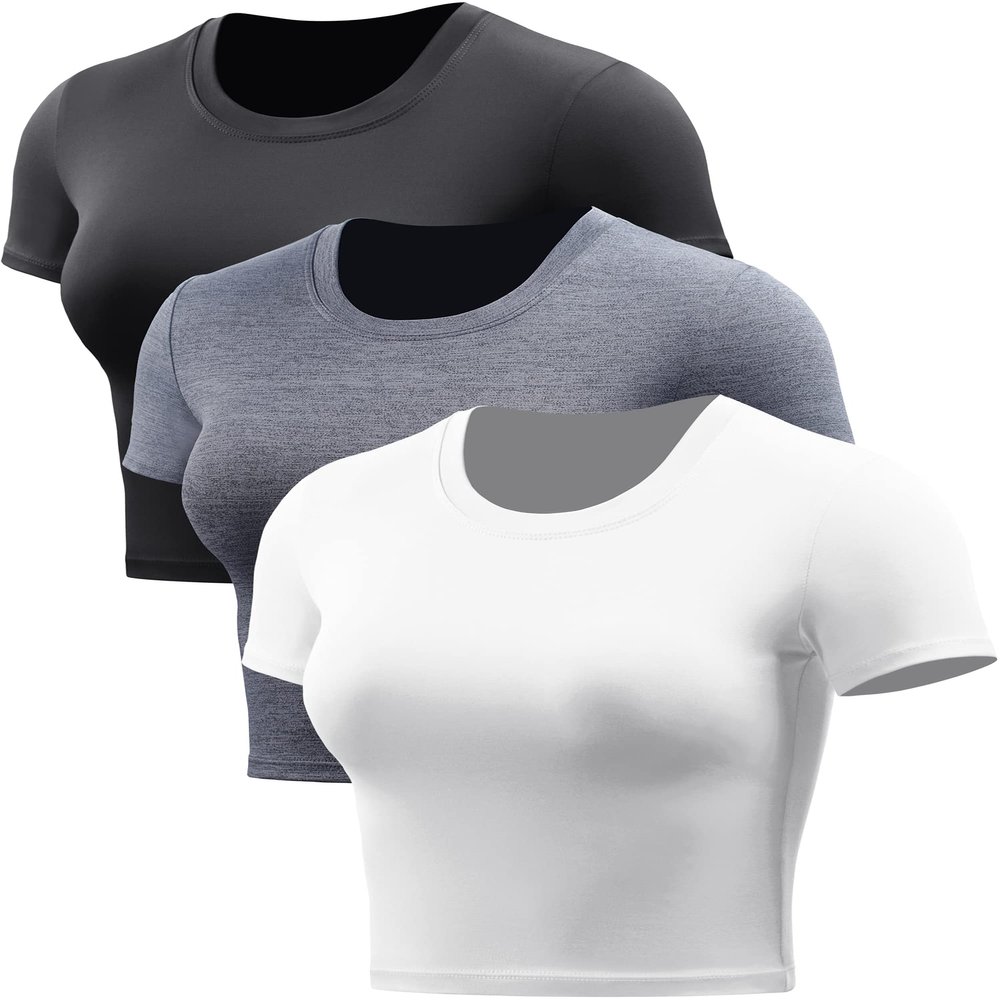 CADMUS Women's Dry Fit Crop Top Yoga Short Sleeve Shirts Crew Neck Athletic Running Tee 3 Pieces, Black, Grey, White, Medium
