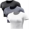 CADMUS Women's Dry Fit Crop Top Yoga Short Sleeve Shirts Crew Neck Athletic Running Tee 3 Pieces, Black, Grey, White, Medium view 1