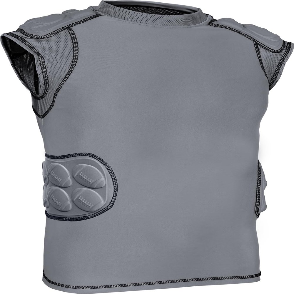 Exxact Sports Defender Adult Padded Football Shirt - Football Rib Protector with Shoulder & Spine Football Pads, 5-Pad Football Compression Shirt (Gray, Adult Large)