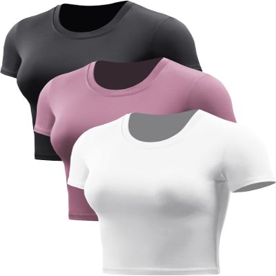 CADMUS Women's Dry Fit Crop Top Yoga Short Sleeve Shirts Crew Neck Athletic Running Tee 3 Pieces, Black, White, Pink, Small