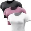 CADMUS Women's Dry Fit Crop Top Yoga Short Sleeve Shirts Crew Neck Athletic Running Tee 3 Pieces, Black, White, Pink, Small view 1