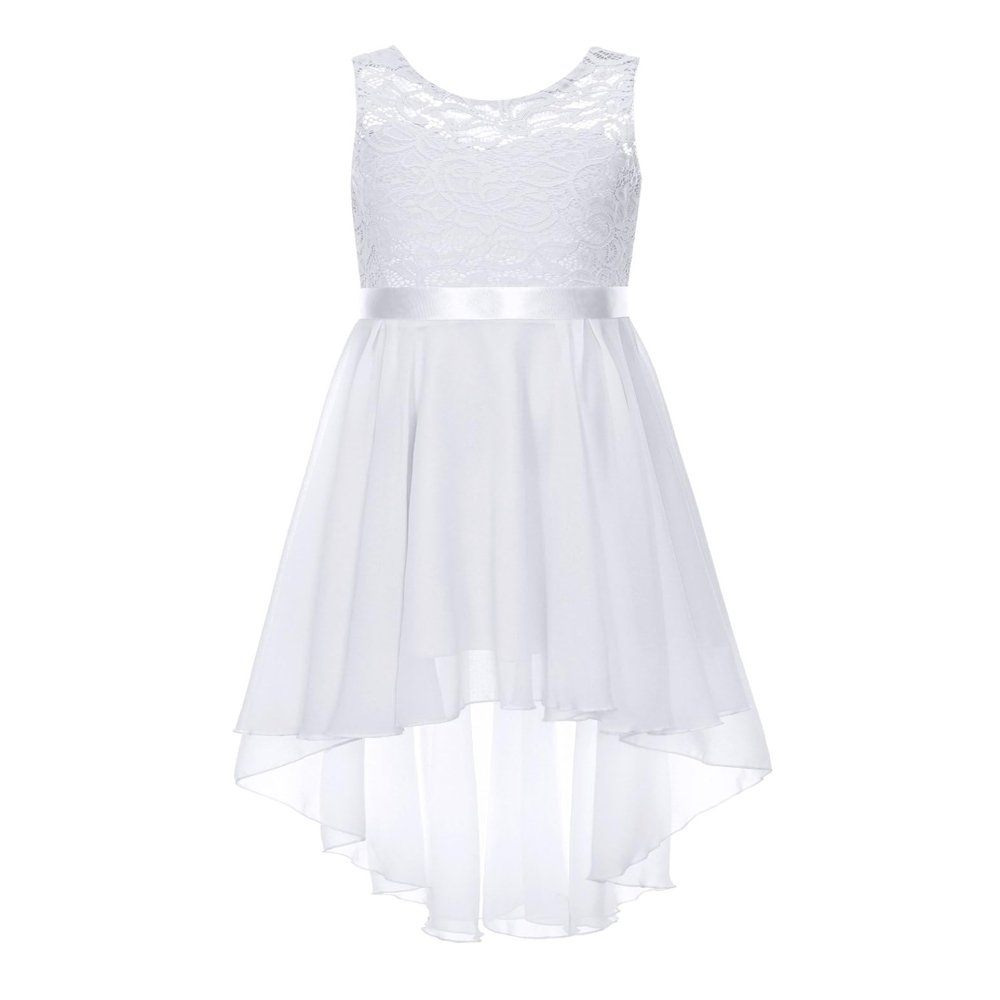 JEYPINMI Kids Girls High Low Wedding Flower Girls Chiffon Dress Lace Floral V Back Dance Prom Party Dresses White 8