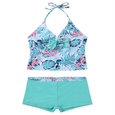 Yartina Kids Girls Two Piece Tankini Swimsuit Floral Print Halter Tank Tops with Boyshorts Swimwear Mint Green Leaves 11-12