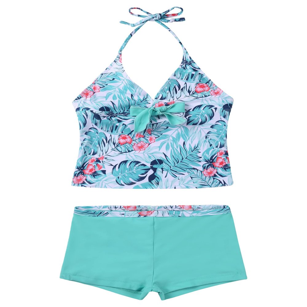 Yartina Kids Girls Two Piece Tankini Swimsuit Floral Print Halter Tank Tops with Boyshorts Swimwear Mint Green Leaves 11-12