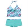 Yartina Kids Girls Two Piece Tankini Swimsuit Floral Print Halter Tank Tops with Boyshorts Swimwear Mint Green Leaves 11-12 view 1