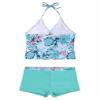Yartina Kids Girls Two Piece Tankini Swimsuit Floral Print Halter Tank Tops with Boyshorts Swimwear Mint Green Leaves 11-12 view 2