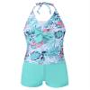 Yartina Kids Girls Two Piece Tankini Swimsuit Floral Print Halter Tank Tops with Boyshorts Swimwear Mint Green Leaves 11-12 view 3
