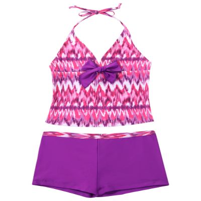 Yartina Kids Girls Two Piece Tankini Swimsuit Floral Print Halter Tank Tops with Boyshorts Swimwear Purple Stripes 11-12