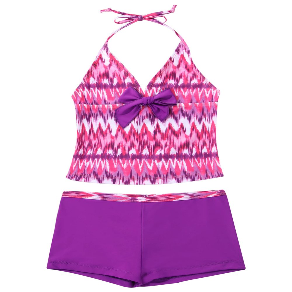 Yartina Kids Girls Two Piece Tankini Swimsuit Floral Print Halter Tank Tops with Boyshorts Swimwear Purple Stripes 11-12