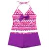 Yartina Kids Girls Two Piece Tankini Swimsuit Floral Print Halter Tank Tops with Boyshorts Swimwear Purple Stripes 11-12 view 1