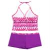 Yartina Kids Girls Two Piece Tankini Swimsuit Floral Print Halter Tank Tops with Boyshorts Swimwear Purple Stripes 11-12 view 2