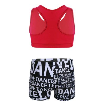 Yeeye Girls 2 Pcs Racer Back Top and Shorts Love Dance Sets for Workout Gymnastics Leotard Dancing Red 3-4