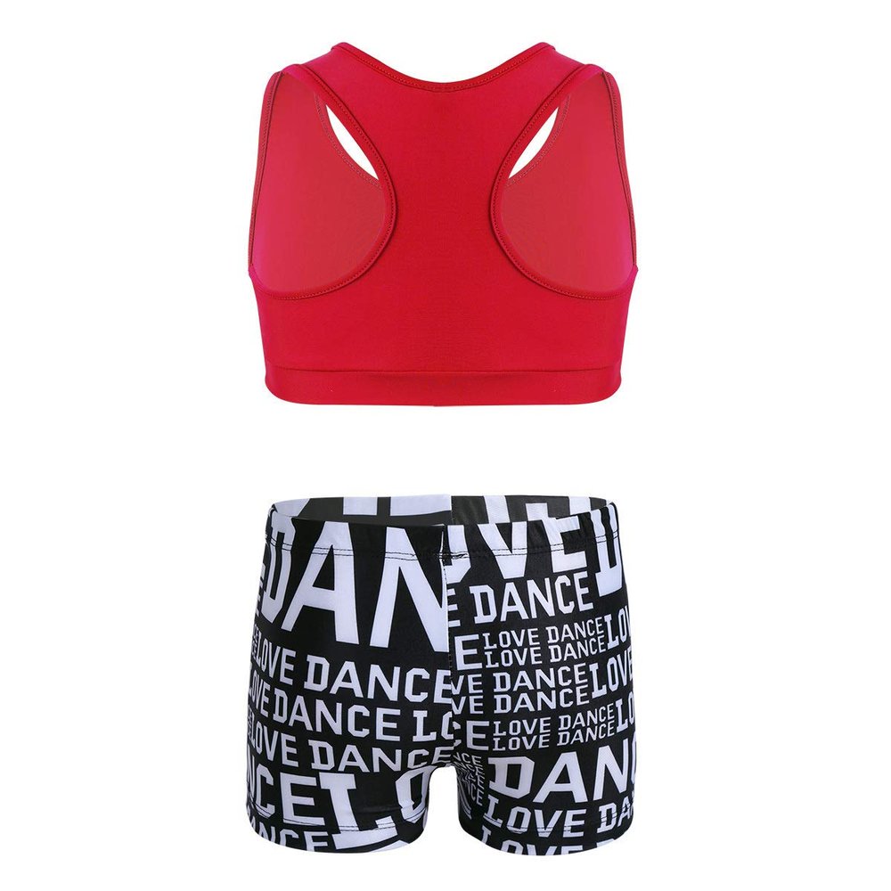 Yeeye Girls 2 Pcs Racer Back Top and Shorts Love Dance Sets for Workout Gymnastics Leotard Dancing Red 3-4