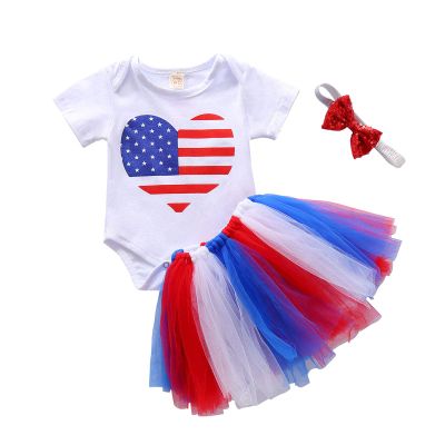 4th of July Outfits Newborn Baby Girl Short Sleeve Romper Tops + Tutu Skirt + Headband Clothes Set (White-American Flag,0-3 Months)