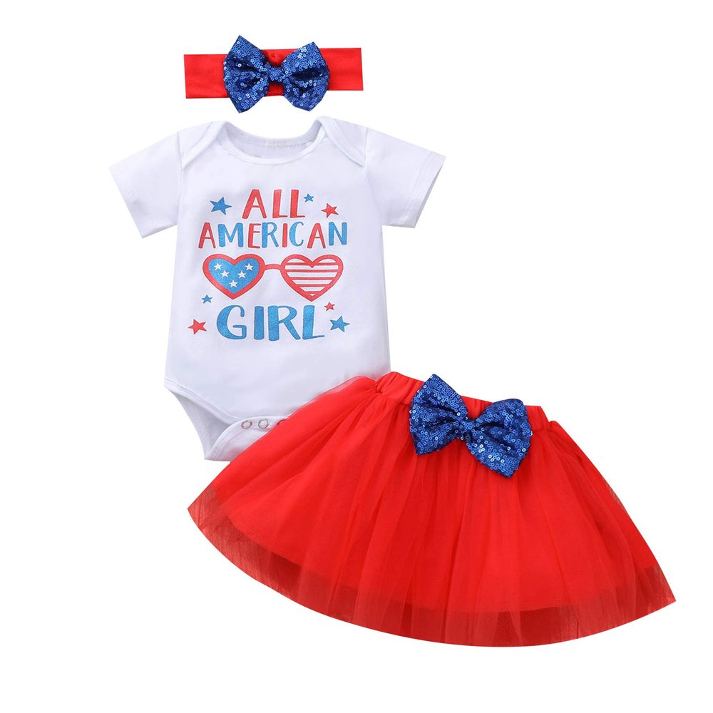 4th of July Outfits Newborn Baby Girl Short Sleeve Romper Tops + Tutu Skirt + Headband Clothes Set (White-Letter Print,0-3 Months)