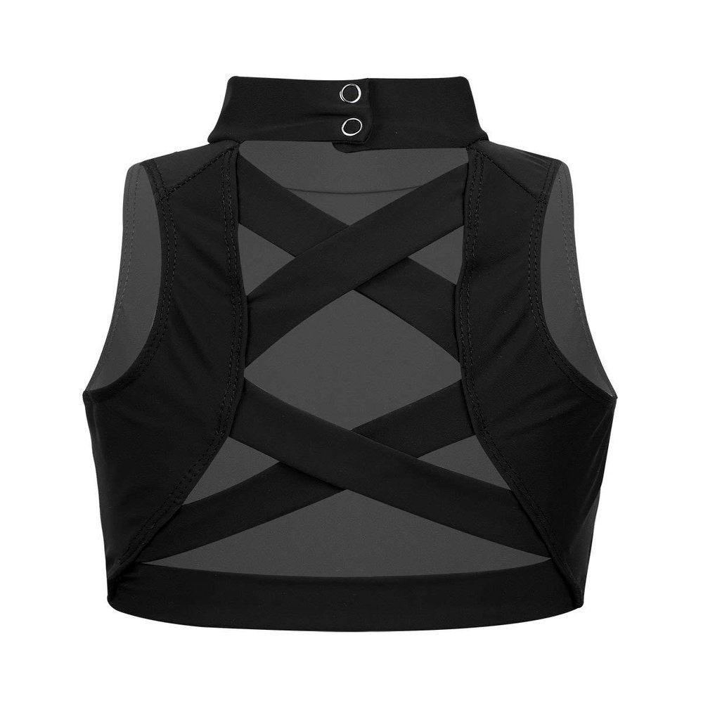 Nikiikoo Big Girls Athletic Dance Sports Crop Tops Criss Cross Back Mock Neck Gymnastics T-Shirt Black 12