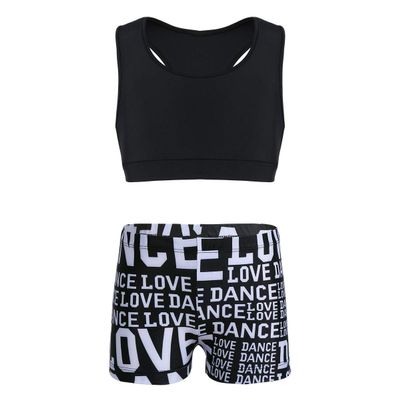 Yeeye Girls 2 Pcs Racer Back Top and Shorts Love Dance Sets for Workout Gymnastics Leotard Dancing Black 3-4