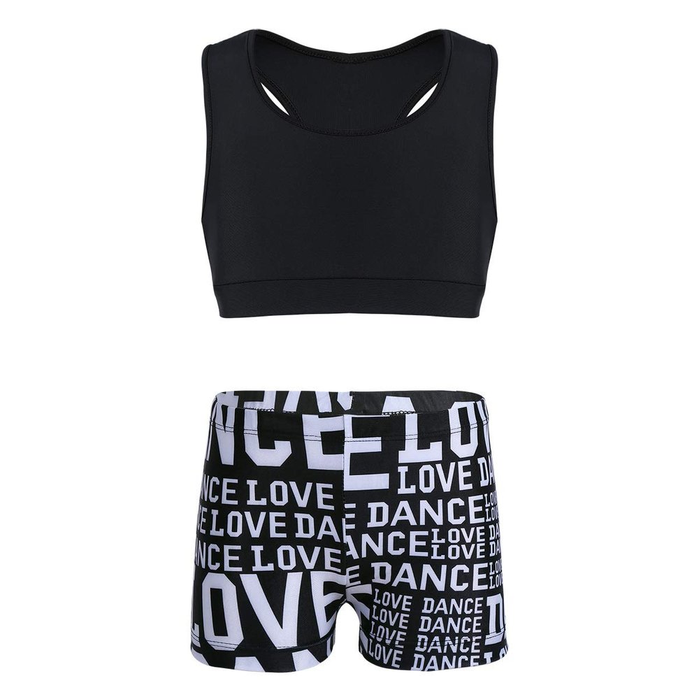 Yeeye Girls 2 Pcs Racer Back Top and Shorts Love Dance Sets for Workout Gymnastics Leotard Dancing Black 3-4