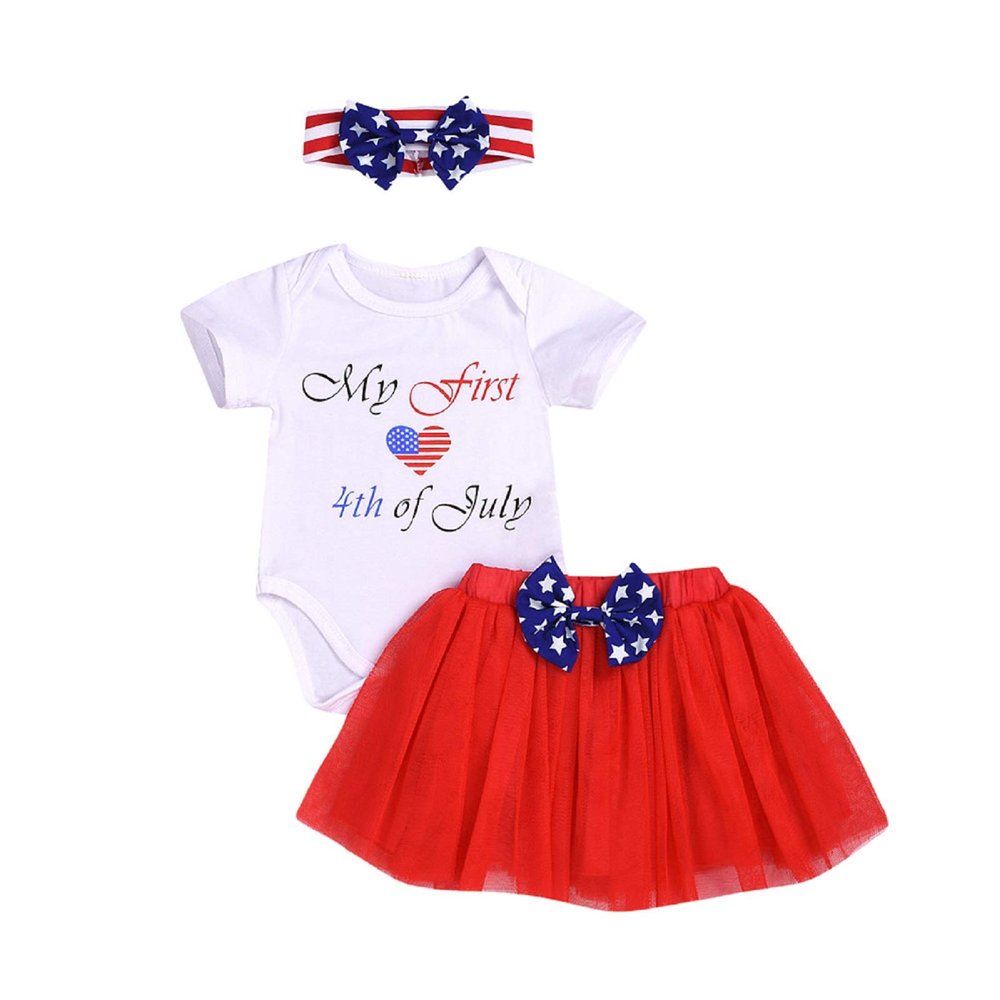 4th of July Outfits Newborn Baby Girl Short Sleeve Romper Tops + Tutu Skirt + Headband Clothes Set (White-My First 4th of July,18-24 Months)